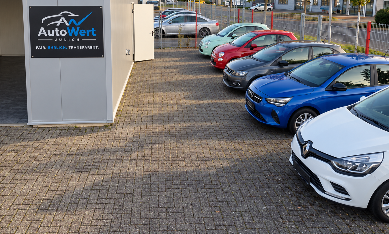 Büro mit AutoWert-Schild und Fahrzeugen