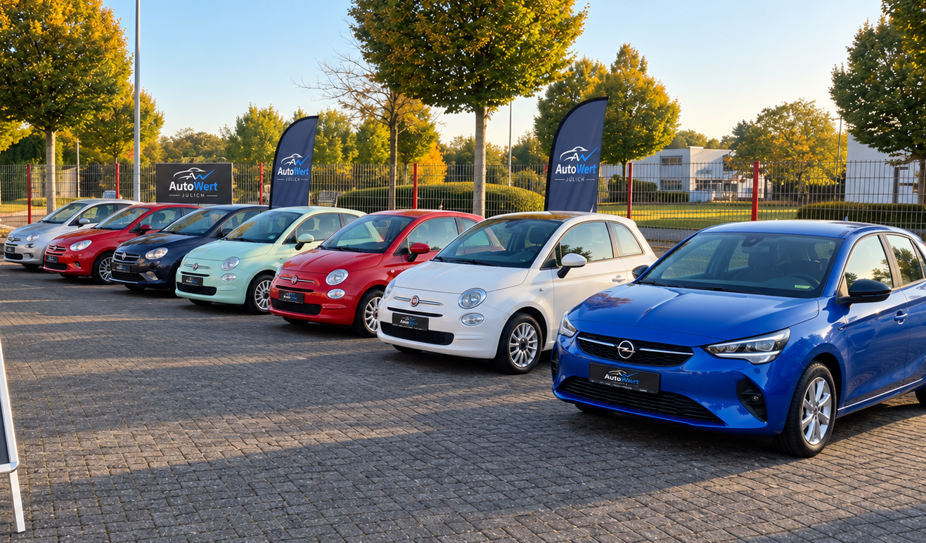 Fahrzeugreihe auf einem gepflasterten Platz